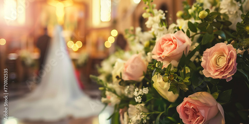 Beautiful flower bouquet as a wedding decoration in church, with bride and groom on the background.