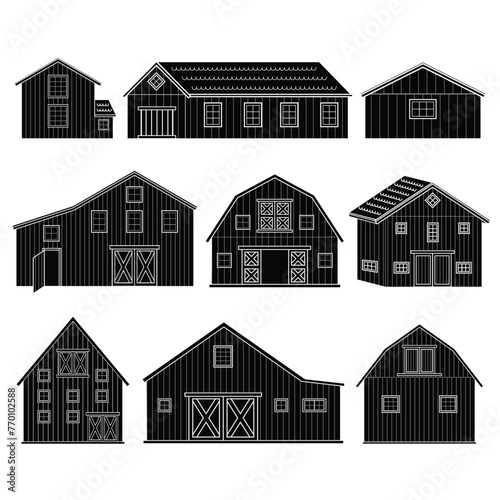 Fototapeta Naklejka Na Ścianę i Meble -  Big set of monochrome black white red wooden barns with windows, doors. Isolated vector houses icons on the white background
