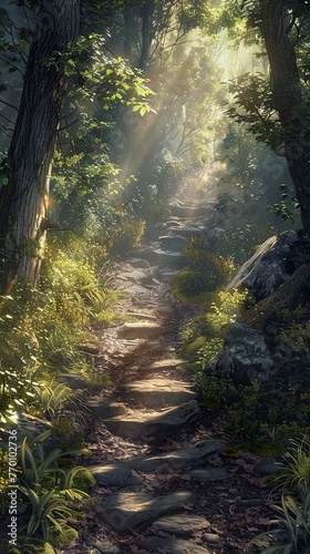 Ancient forest path  dappled sunlight  mid-angle  enchanted atmosphere  ultra detailed