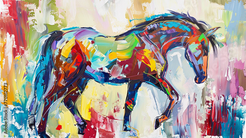 Oil paint horse portrait painting in multicolored tones. Conceptual abstract painting of a horse. Closeup of a painting by oil and palette knife on canvas. photo