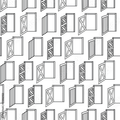 Seamless pattern of opened doors. Black white outline texture of wooden houses doors on white background