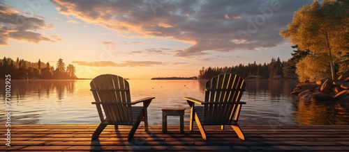 Two wooden chairs on a wooden pier overlooking a lake at sunset