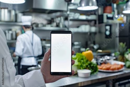 Chef in a restaurant kitchen holding a smartphone with a clear screen among fresh produce and kitchenware