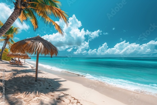 Tropical white sand beach with palm trees and sun loungers, without people.