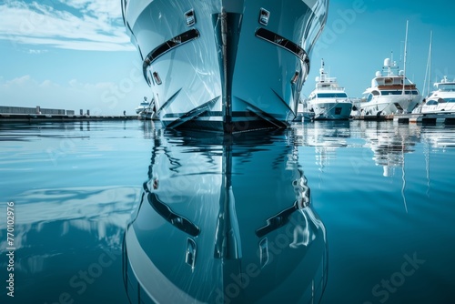 Twin luxury yachts with sleek designs are reflected on the mirror-like water at a serene marine dock