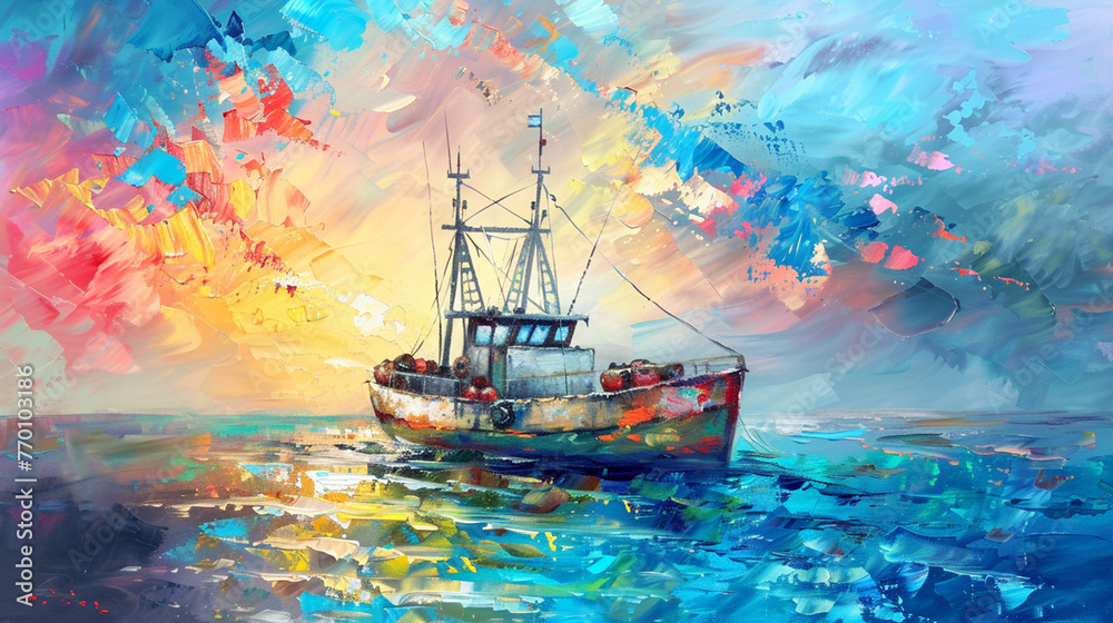 Oil paint ship in sea