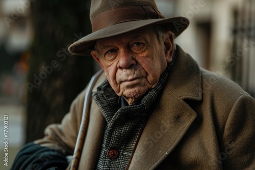 A senior man wearing a classic overcoat and hat exhibits thoughtfulness in an urban setting