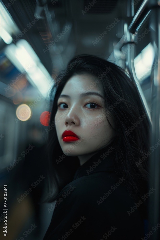 Photo captures a young woman with striking red lipstick looking enigmatically against a blurred subway background Photo captures a young woman with striking red lipstick looking enigmatically against a blurred subway background