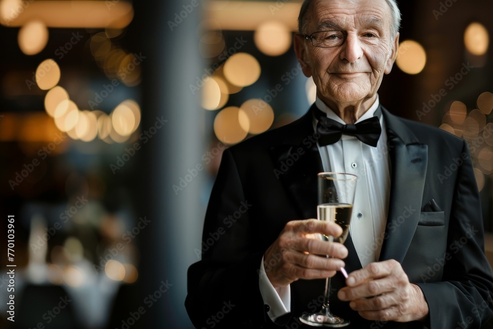 A mature man in a sleek black tuxedo holding a champagne flute, with a subtle smile and an air of refinement A mature man in a sleek black tuxedo holding a champagne flute, with a subtle smile and an air of refinement