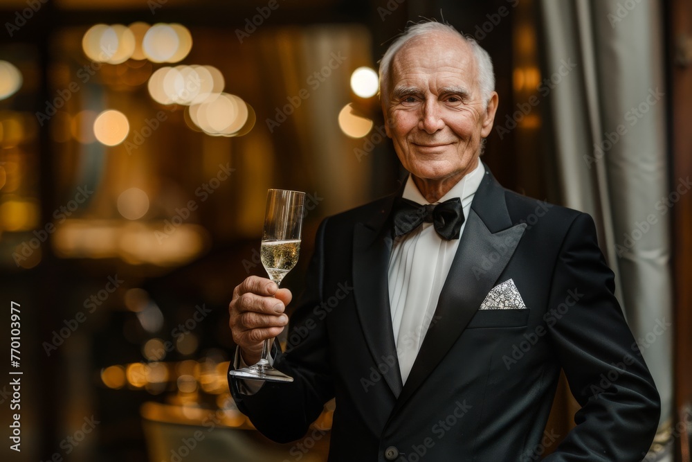A distinguished elderly gentleman toasting with a champagne glass, dressed in a formal black tuxedo with a bowtie A distinguished elderly gentleman toasting with a champagne glass, dressed in a formal black tuxedo with a bowtie