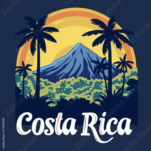 A poster of a mountain and palm trees with the words Costa Rica written below