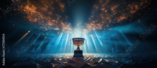 The stage shines under a spectacular light show, highlighting the prestigious cup trophy by ai