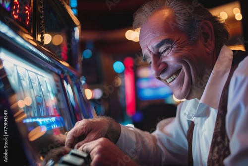 An older gentleman indulges in playing electronic slot games, with a focus on hands and machine details
