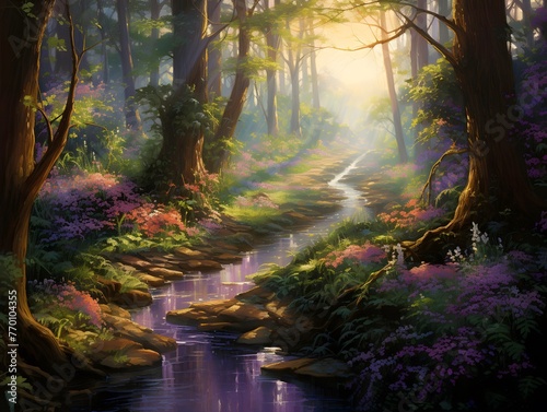 Beautiful panoramic view of a forest stream flowing through the woods