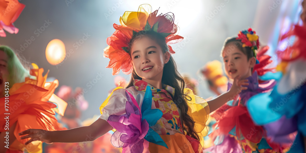 Fototapeta premium School kids participating in flower themed school play. Cheerful children performing on theater stage in front of their parents. Creative leisure for elementary school students.