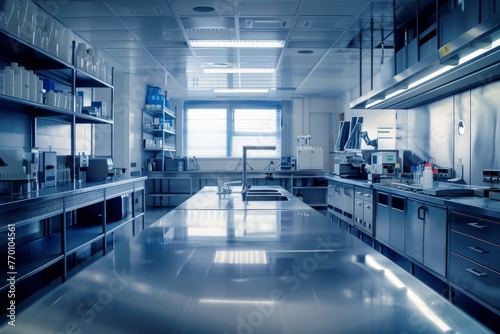 Image captures high-tech laboratory equipment arranged neatly within a pristine  clean laboratory environment