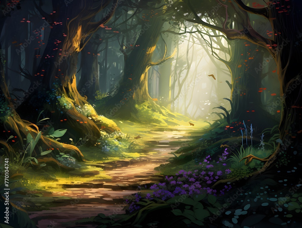 Fantasy landscape with a path in the forest, 3d render