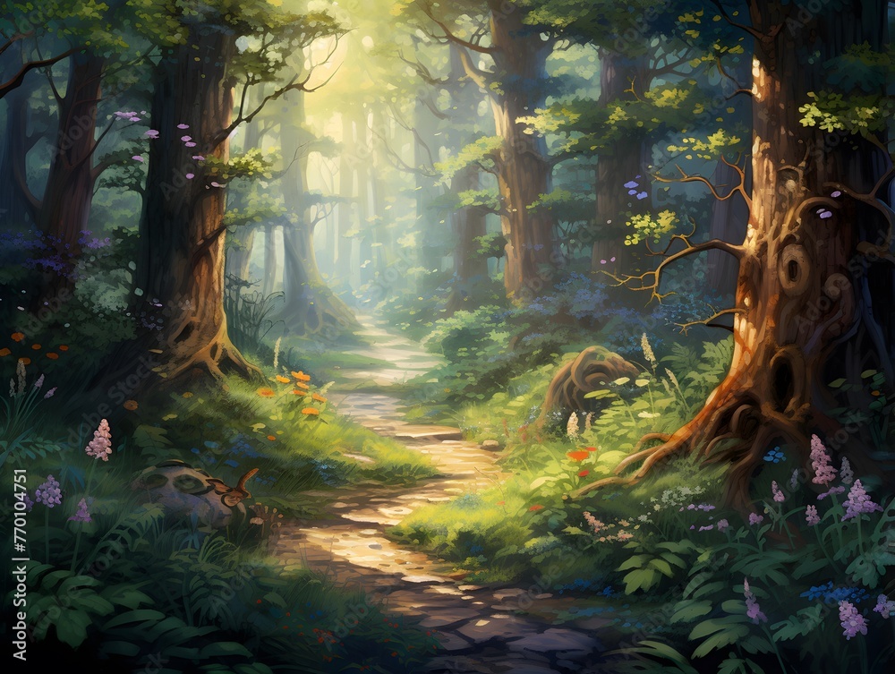 Digital painting of a path through a forest with trees in the foreground