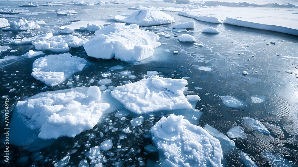 Icebergs floating in the ocean with a large glacier in the background Icebergs floating in the ocean with a large glacier in the background