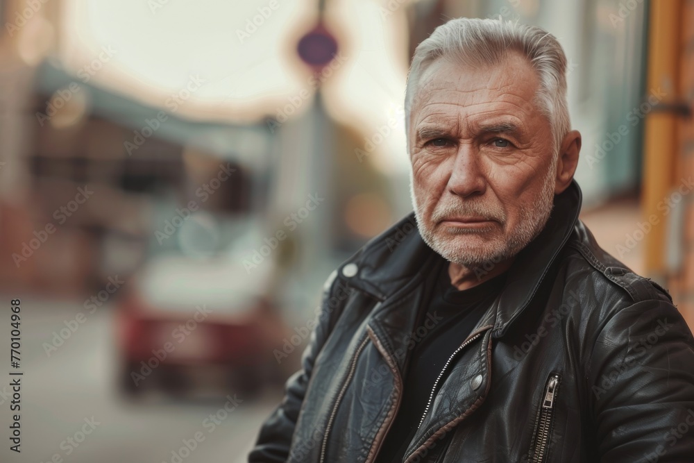 The senior man's intense expression and black leather attire give off a strong persona The senior man's intense expression and black leather attire give off a strong persona