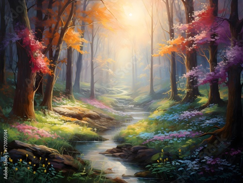 Autumn forest with a stream and colorful trees. Digital painting.
