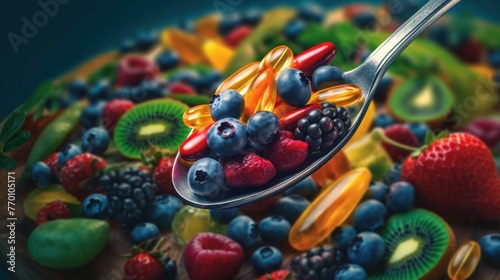 spoon with dietary supplements on fruits background