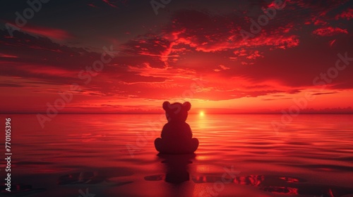 Modern illustration of typography slogan with cartoon bear doll against sunset sky