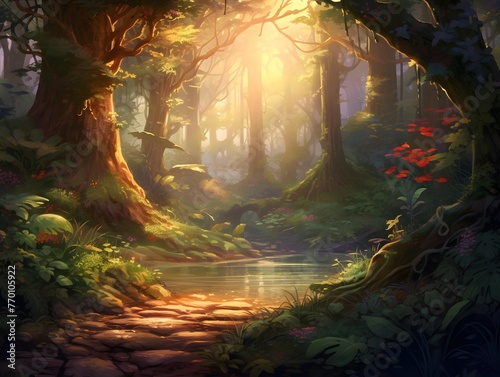 Fantasy forest landscape with a river and trees. 3d illustration © Iman