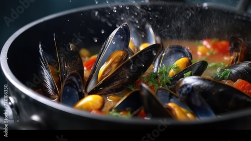 The process of preparing mussels in a large saucepan