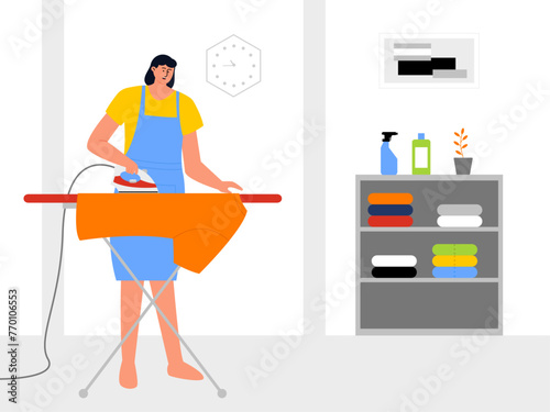 Female ironing clothes. Worker vector illustration.