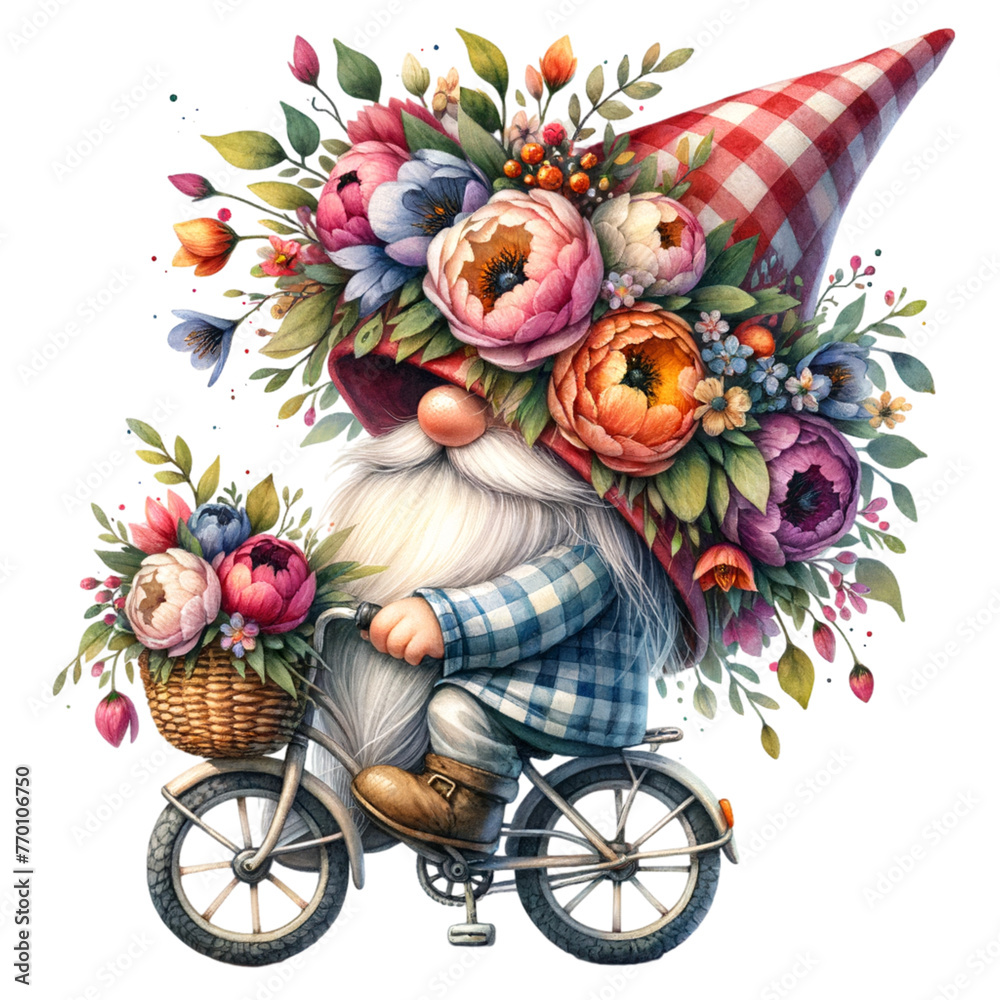 Wild Floral Crown gnome rides a bike with a hat covering his face isolated and cut-out on white background Clipart