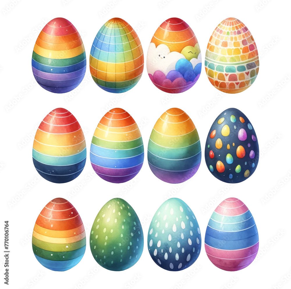 A colorful collection of watercolor Easter eggs with various patterns, presented on a stark black background for contrast.
