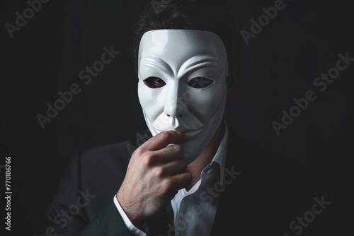 Formal attire paired with white mask signifying duplicity