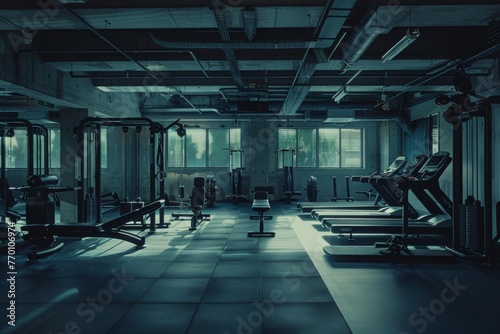 A spacious and modern gymnasium with various exercise machines and equipment arranged neatly for a workout session
