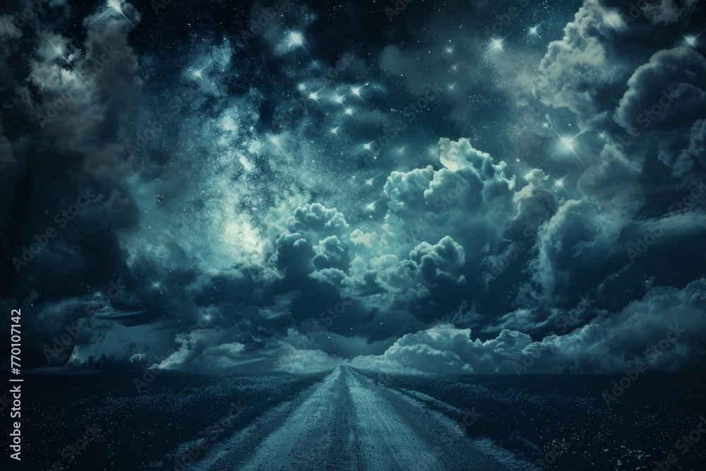 A mesmerizing digital image of a dirt road extending under a dramatic night sky filled with stars and clouds, evoking deep contemplation