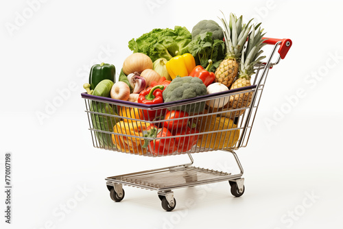 Shopping cart filled with a variety vegetables, vegetables in basket on white background, digital shopping concept