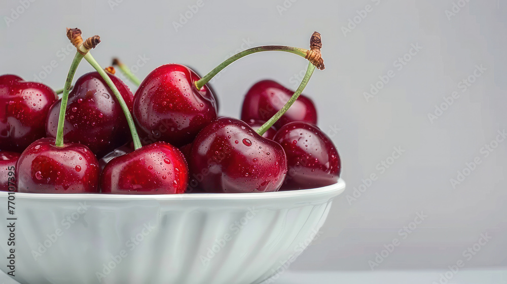 Fresh Cherries in White Bowl on Table Fresh Cherries in White Bowl on Table