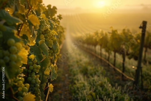 Warm, glowing sunrise light illuminating fresh grapevines at a picturesque vineyard