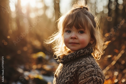 Portrait of a cute little girl in the autumn forest at sunset