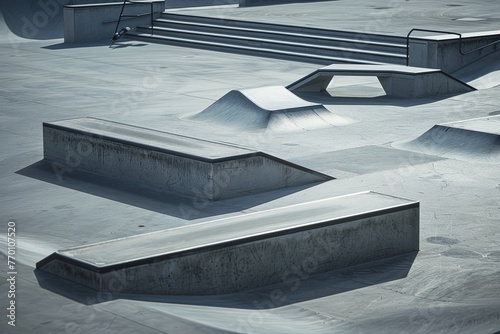 A detailed shot of modern skatepark ramps with a focus on shapes, textures, and the emptiness of the space