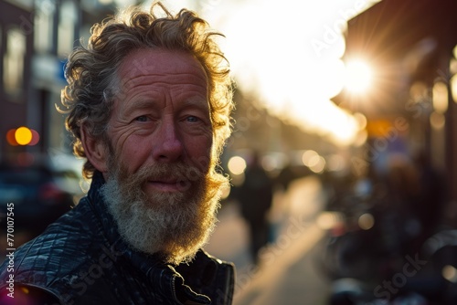 Portrait of a handsome senior man with long gray beard and mustache in the city at sunset © Inigo