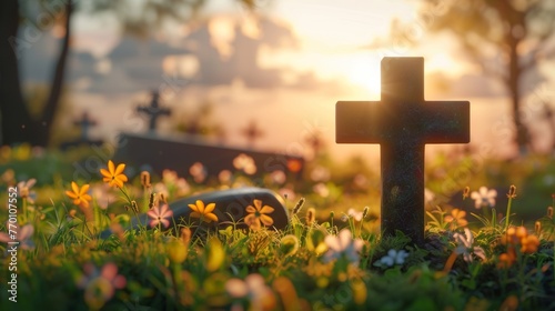 Easter symbolism  cross on empty tomb in meadow at sunrise, signifying good friday concepts