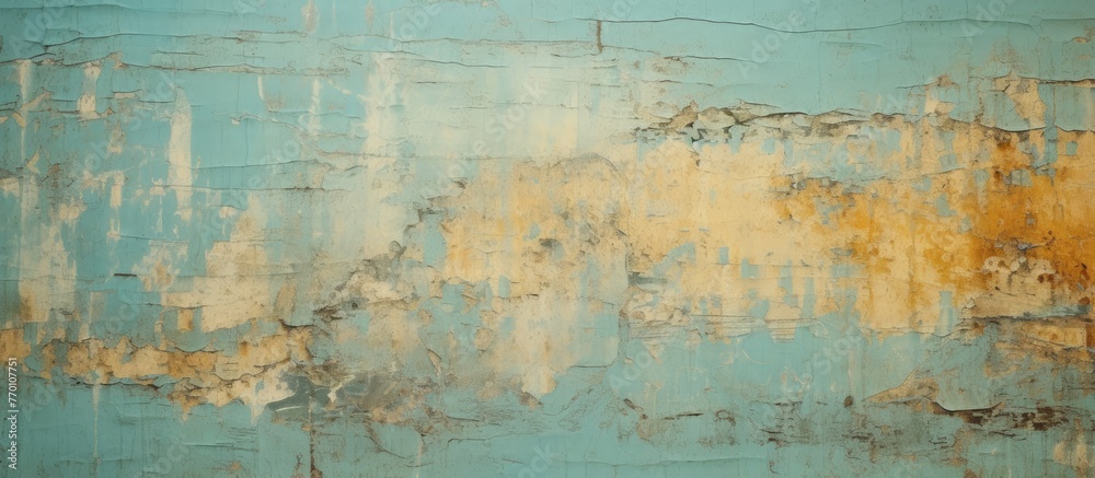 Peeling paint in shades of yellow and blue on a close-up of a wall's surface, revealing a weathered and textured appearance Peeling paint in shades of yellow and blue on a close-up of a wall's surface, revealing a weathered and textured appearance