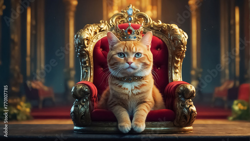 Beautiful cat in a crown on a throne