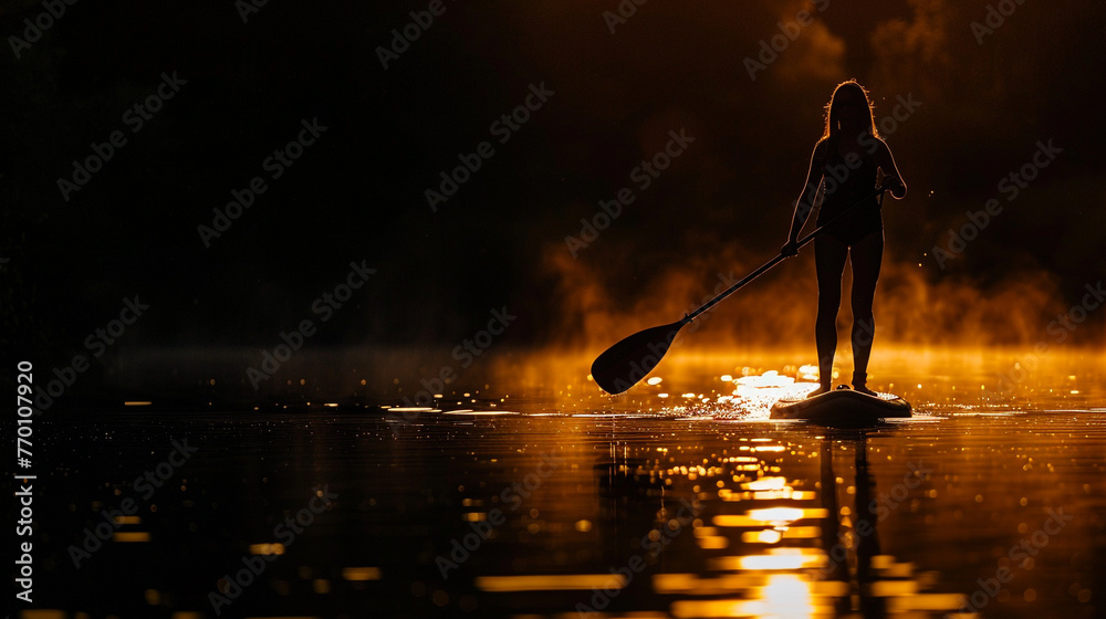 A woman's silhouette on a paddleboard, gliding over a glassy lake as the first rays of the sun touch the water. Black background color.