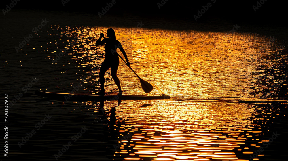 A woman's silhouette on a paddleboard, gliding over a glassy lake as the first rays of the sun touch the water. Black background color.