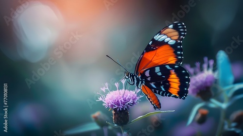 Purple butterfly on wild white violet flowers in grass in rays of sunlight, macro. Spring summer fresh artistic image of beauty morning nature. Selective soft focus. © Ziyan