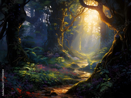 Beautiful fantasy landscape with a path in the forest and sunlight.
