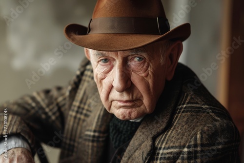 Detailed close-up of an elderly man's face showing thoughtful expression, with a fedora hat, indoors