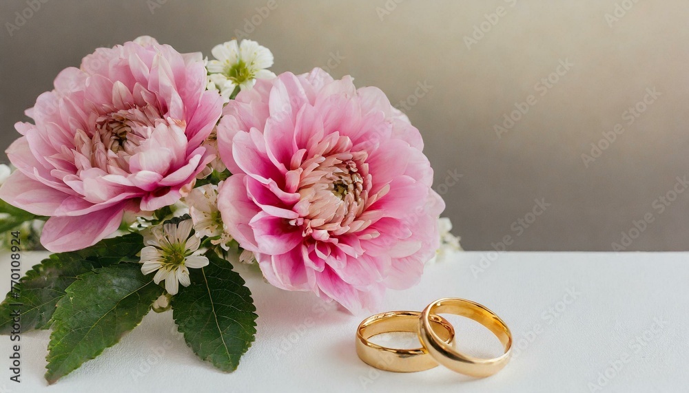 Pink flowers and two golden wedding rings on white background.